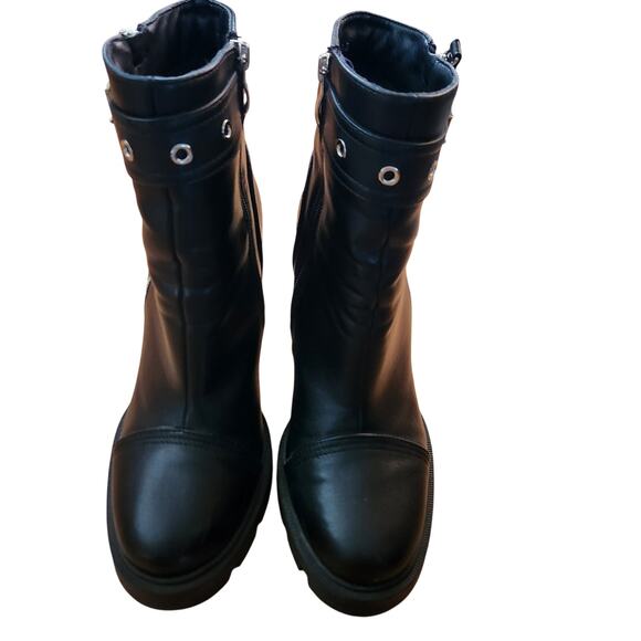 Azalea Wang Black Zip Up Vegan Leather Motorcycle Platform Heels Size 7.5 - Picture 3 of 7